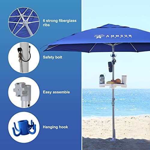 AMMSUN 8ft Large Beach Umbrellas for Sand Heavy Huty Wind Portable Commercial Grade Patio Beach Umbrella with Sand Anchor Adjustable Height Air Vent UPF 50+ Telescoping Pole without tilt Dark Blue