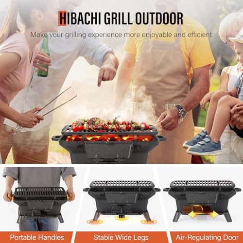 Hibachi Grill Outdoor, Portable Mini Charcoal Grill, 100% Pre-Seasoned Cast Iron, Small Japanese Yakitori Tabletop Skillet Grill Stove for Outdoor Camping