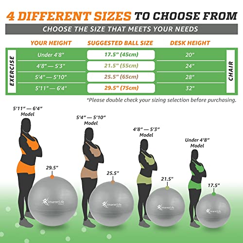SmarterLife Workout Exercise Ball for Fitness, Yoga, Balance, Stability, or Birthing, Great as Yoga Ball Chair for Office or Exercise Gym Equipment for Home, Non-Slip Design (45 cm, Silver)