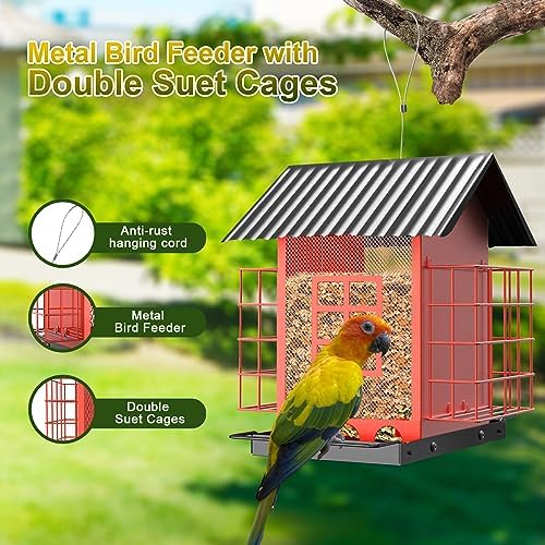 Bird Feeders for Outdoors Hanging, Metal Bird Feeder with Double Suet Cage Cake, Large Capacity, Birdfeeders Sturdy & Weatherproof, Easy to Clean & Refill, Great for Attracting Wild Birds