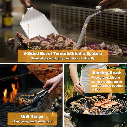 Griddle Accessories Kit, 28 PCS Flat Top Grill Accessories for Blackstone and Camp Chef, Metal Spatula Set with Burger Press, Melting Dome, Tongs, Scraper, Carry Bag for Outdoor Grilling BBQ