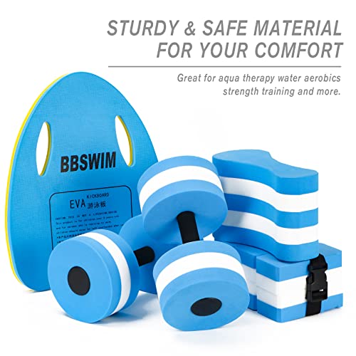 NEAGLORY 5 Pieces Water Aerobics Set Aquatic Exercise Set Pool Fitness Equipment Foam Water Dumbbell, Swim Kickboard, Pull Buoy, Aquatic Swim Belt for Water Exercise, Blue