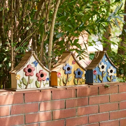 Glitzhome Hanging Birdhouses for Outside, 10.75" L Distressed Solid Wood Birdhouse with 3D Flowers Rustic Two-Story Townhouse Hand-Painted Bird Houses for Outdoors,Washed Yellow