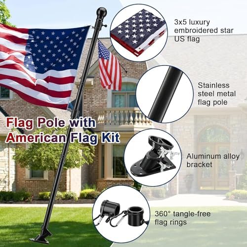 American Flag with Pole - Includes 6ft Heavy Duty Flag Pole Holder for Outside House,3x5 Embroidered US Flag and Wall Mount Bracket,Tangle Free Flagpoles Kit for Porch,Fence,Outdoor