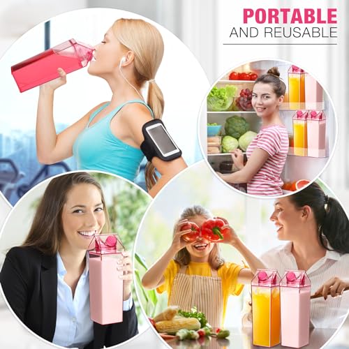 Remerry 3 Pcs 34oz Milk Carton Water Bottle Square Milk Bottle Plastic Coffee Milk Carton Bottle Portable Reusable Milk Carton Cup Leakproof Carton Shaped Juice Bottle (Pink)