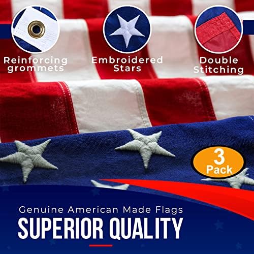American Flags for Outside 3X5 (Pack of 3) -American Flag 3x5 with Embroidered Stars and Sewn Stripes US Flag 3x5 Heavy Duty Outdoor Made in USA for High Wind- All Weather Flags