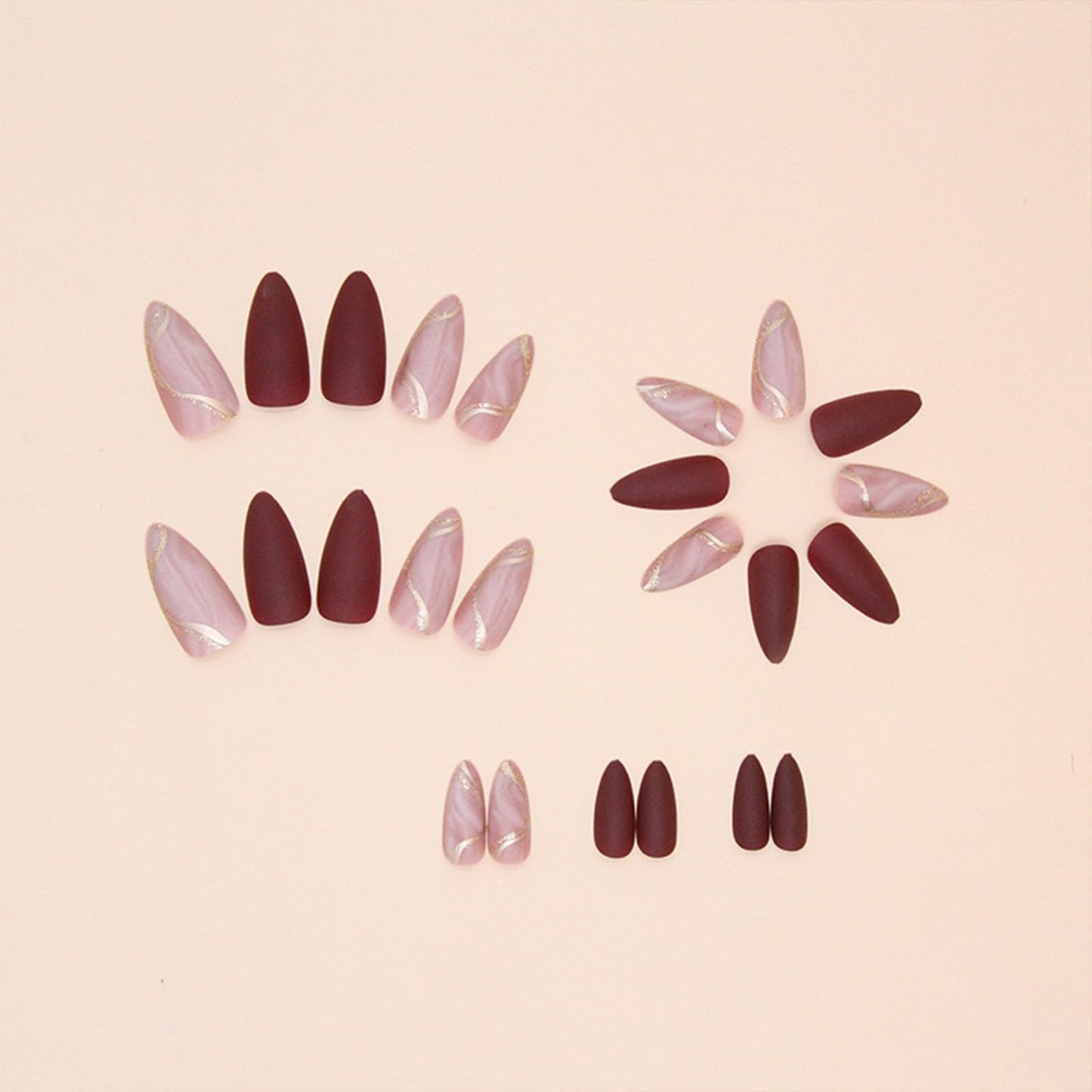 Almond Press on Nails Medium Fake Nails with Designs Marble Texture False Nails Press ons Reddish Brown Matte Glue on Nails Acrylic Full Cover Nails Cute Artificial Stick on Nails for Women 24PCS