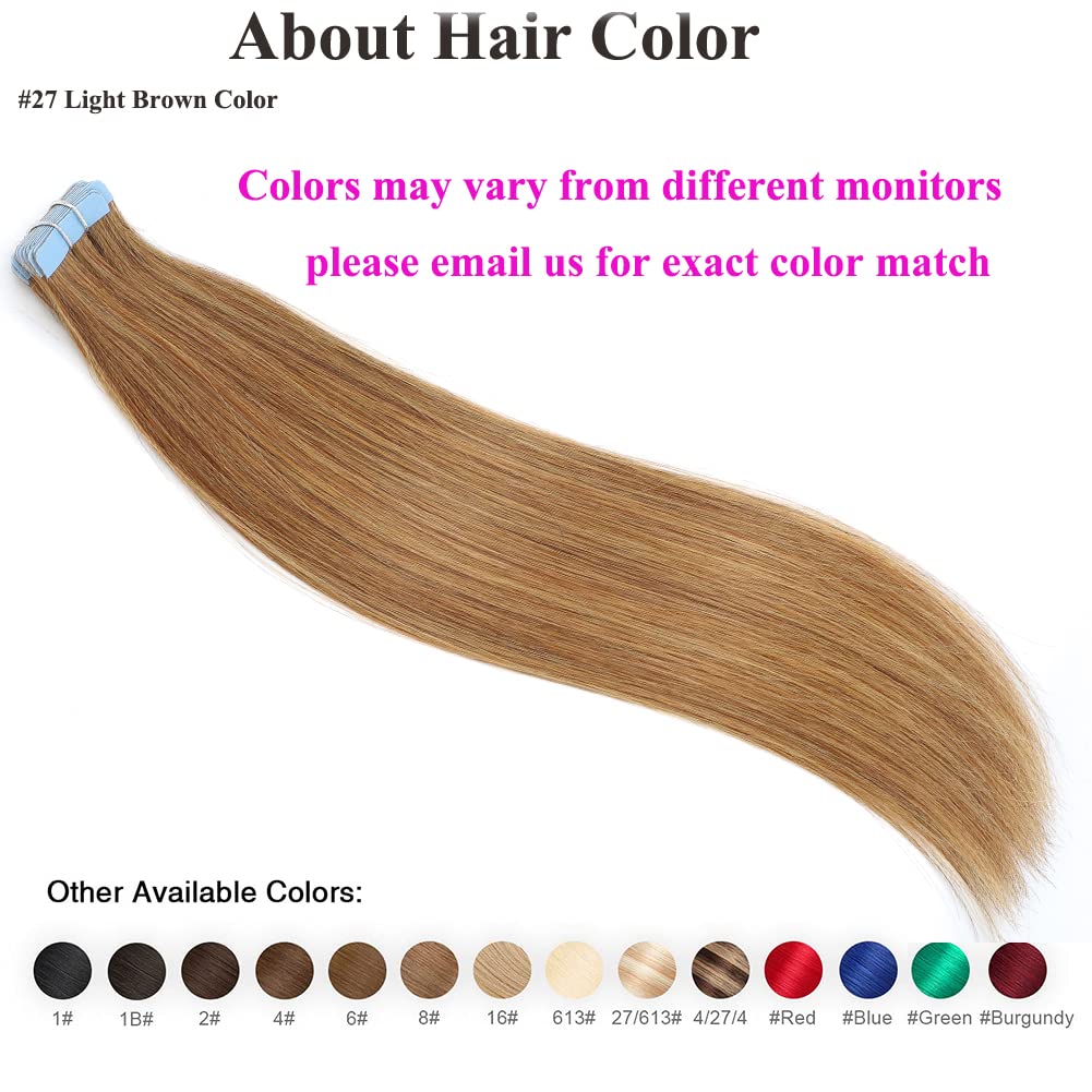 Amella Hair Tape in Hair Extensions Human Hair Silky Straight Remy 24 inches #27 Light Brown Color 20pcs 40g