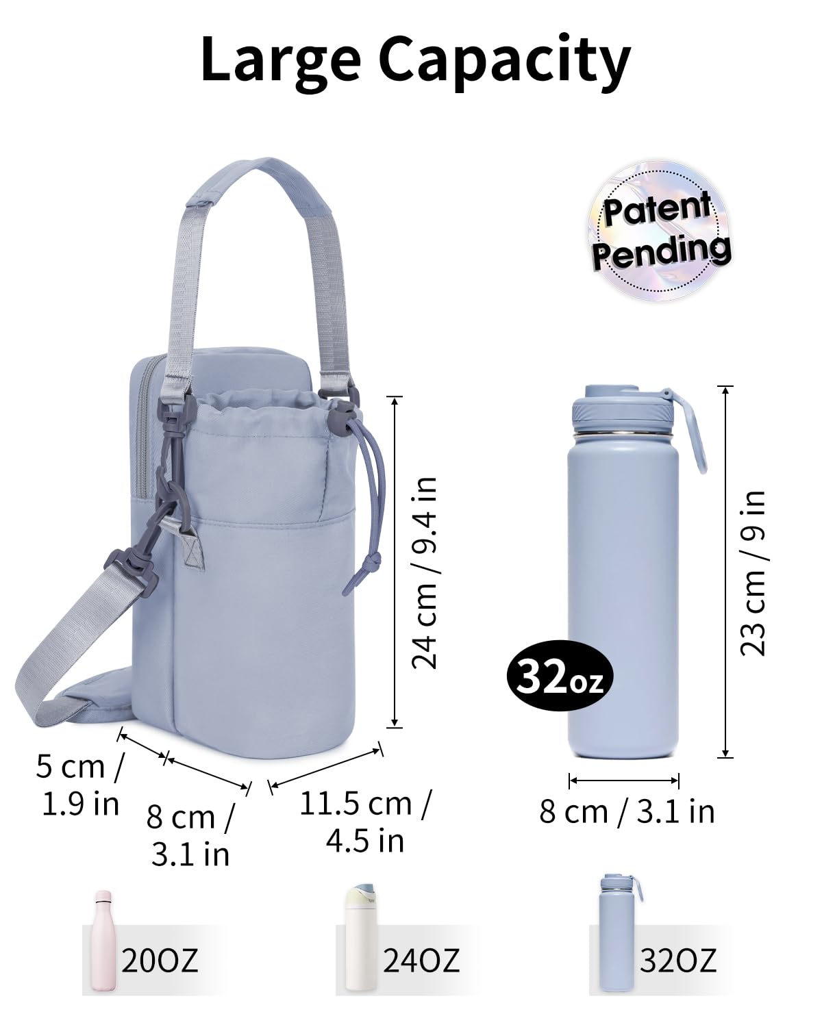Wandering Nature Water Bottle Holder with Strap 32oz Insulated Water Bottle Carrier Sling Bag with Phone Pocket Water Bottle Pouch for Hiking Walking, Blue (Patent Pending)