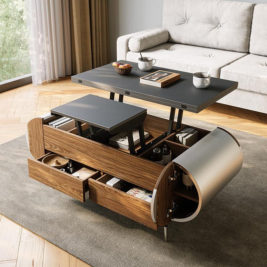 ALIVING Coffee Table, 47.2" Lift Top Coffee Table with 4 Storage Drawers and Rounded Edges, Farmhouse Center Table with Wooden Lift Tabletop, for Living Room,Walnut