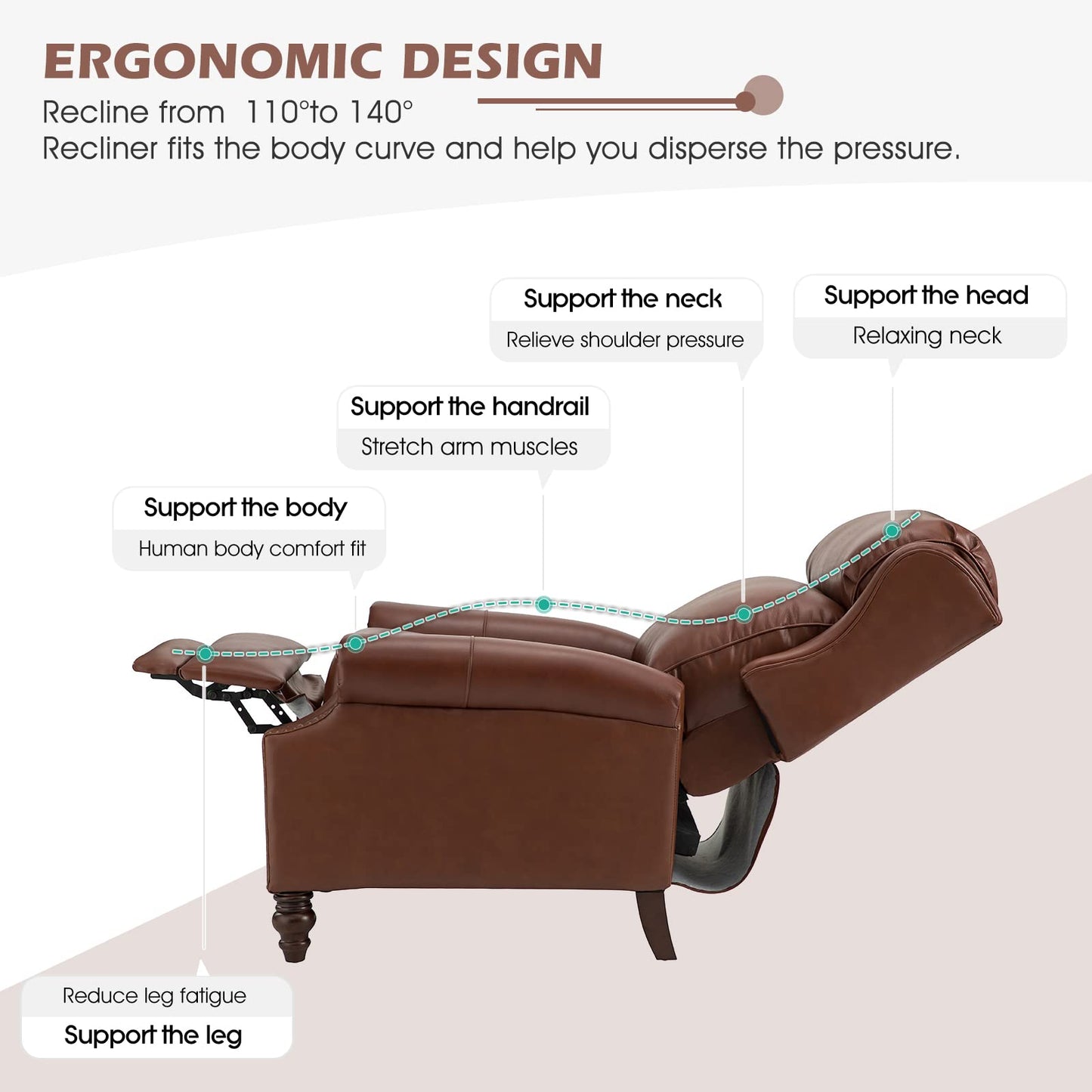 HULALA HOME Genuine Leather Recliner Chair, Traditional Manual Pushback Comfy Seating for Living Room, Thick Cushion & Solid Wood Legs, Wingback Recliner with Nailhead Trim, Brown
