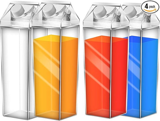 4 Pack Milk Carton Water Bottles 34oz/1000ml Leak Proof Plastic Water Bottle Reusable BPA Free Sports Water Bottle Carton Shaped Juice Milk Bottle for Gym Camping Hiking Travel Sports, Dishwasher Safe