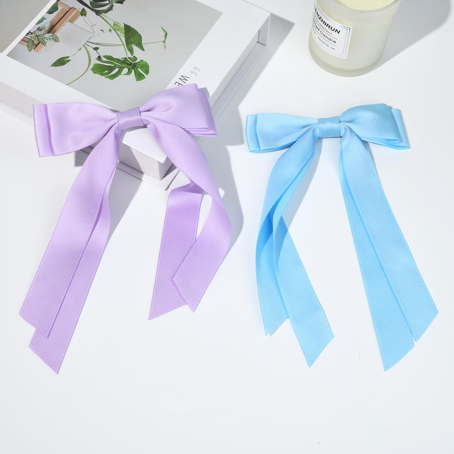 Aileam 2PCS Silky Satin Hair Bows Hair Clip Blue Purple Hair Ribbon Ponytail Holder Accessories Slides Metal Clips Hair Bow for Women Girls Toddlers Teens Kids