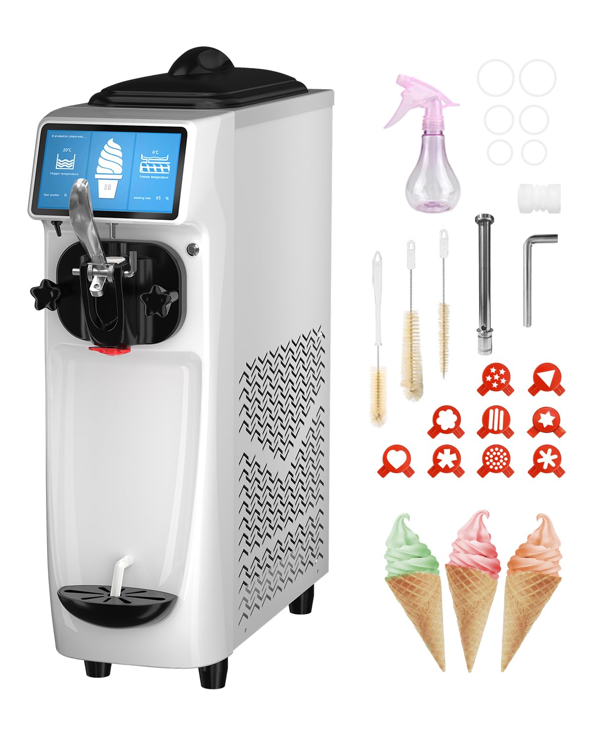 Soft Serve Ice Cream Machine, 7 Inch Screen Ice Cream Maker Machine 4.2 to 4.6 Gal/H Ice Cream Maker Machine with Pre-Cooling Soft Serve Machine with 1.6 Gals Tank for Party Store School Home