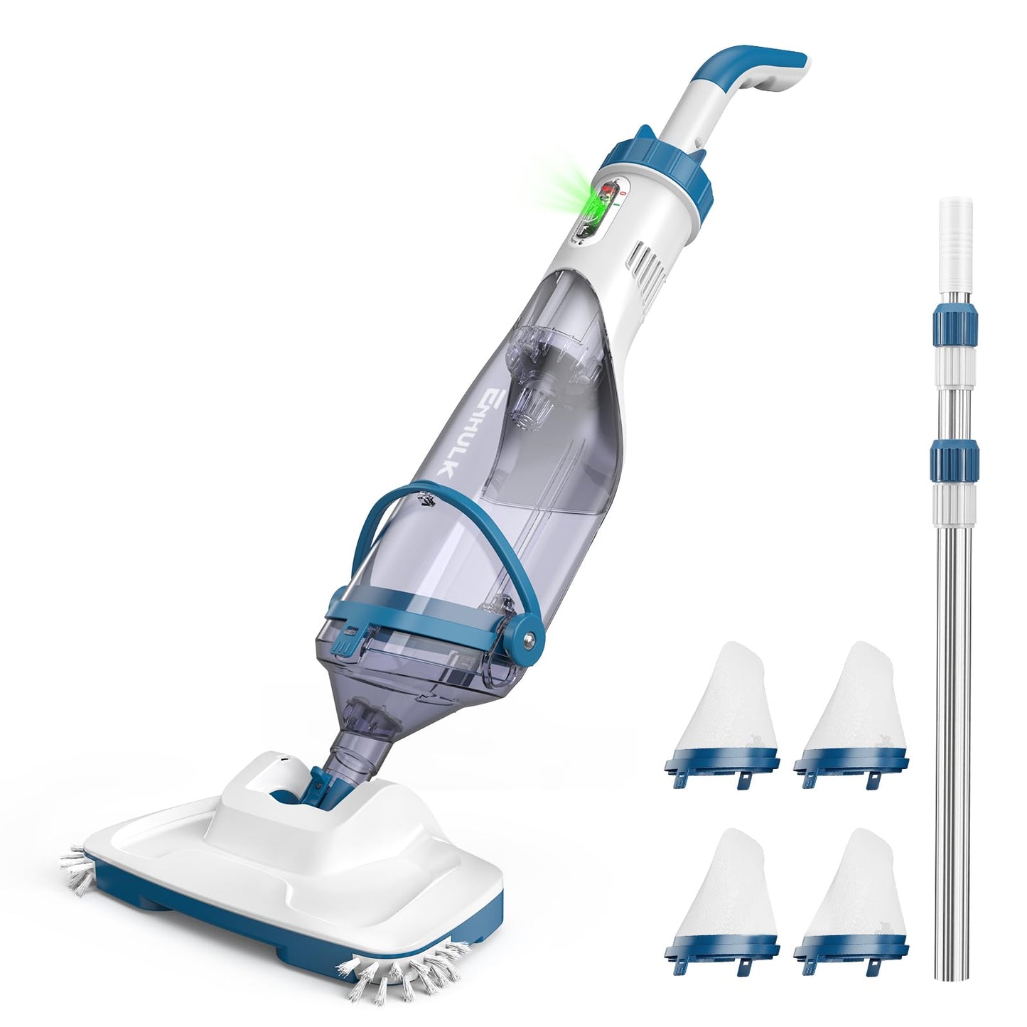 ENHULK Pool Vacuum for Above Ground Pools, 2025 Upgraded 13.4" Wide Head & Telescopic Pole, 18.5 GPM Suction, 60 Min Runtime, Cordless Handheld Rechargeable Pool Cleaner for Inground Pools (Blue)