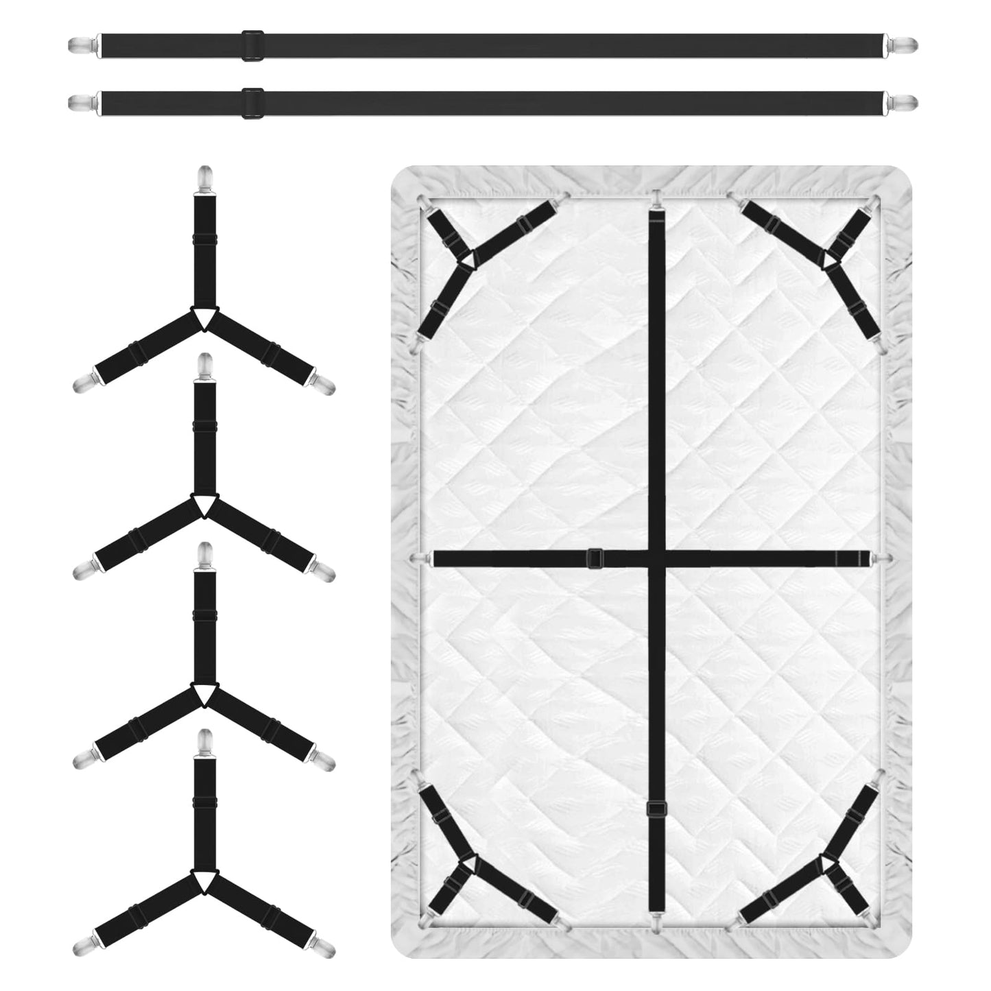Bed Sheet Holder Straps, 4+2 Pcs Adjustable Mattress Sheet Clips, Bed Sheet Fasteners Elastic Sheet Suspenders to Keep Bed Sheet in Place for Different Beds (Black)