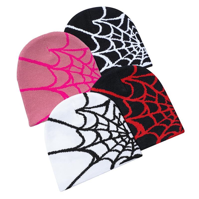 DKYM 4 Pcs Y2k Beanies Spider Web Beanie Y2k Hat Winter Knitted Hat for Women Men Graphic Beanie Black Beanies Cute Beanie Spider Beanie Y2k Accessories 2