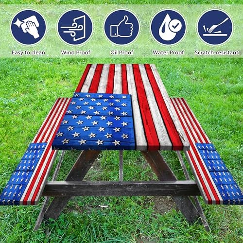 American Flag Picnic Table Cover with Bench Covers Set Wood Texture Waterproof Windproof Camping Rectangle Tablecloths Fitted Picnic Table Cover for Outdoor,Picnic,Camping (Red, 3pcs-72" x 30")