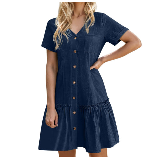 Aniywn Button Dresses for Women 2024 Casual Loose Summer Cotton Linen Dress Ruffle Hem Casual Dress Short Sleeve Tunic Dress
