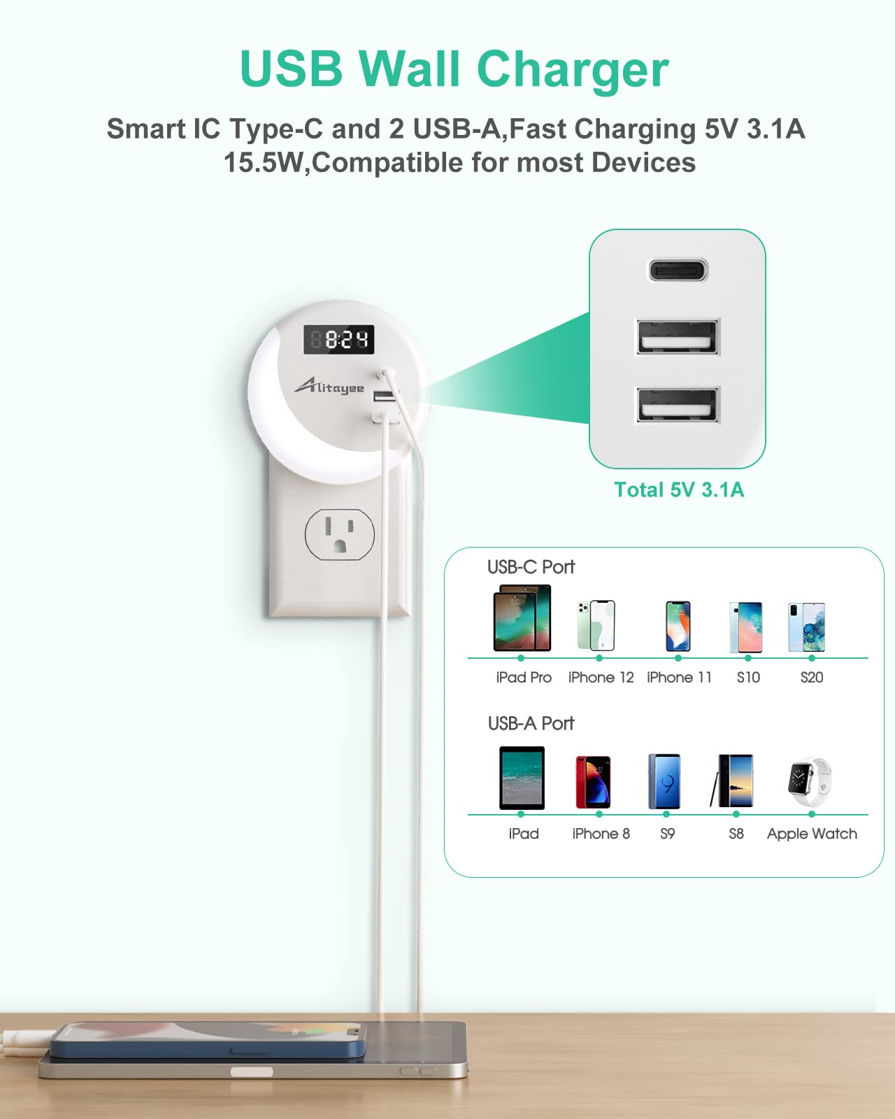 Alitayee LED Night Light, Night Lights Plug Into Wall, Smart Light Sensor Nightlight with USB C Charger(MAX 15.5W) and Digital Clock for Bedroom Stairs Kitchen Hallway Room Kids Adults Daylight White