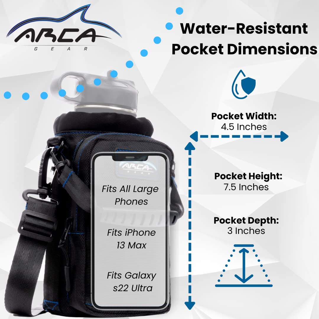 Arca Gear 32 oz Hydro Carrier - Insulated Water Bottle Sling w/Carry Handle, Shoulder Strap, Wallet and Two Pouches - The Perfect Flask Accessory - Deep Blue