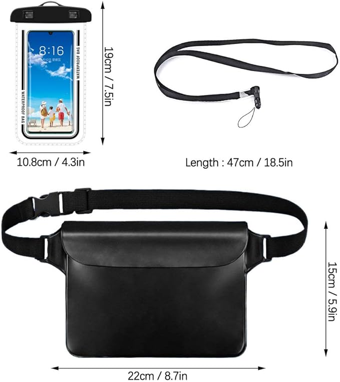 4 Pcs Waterproof Pouch Bags Set, Including 2 Waterproof Waist Pouch with Adjustable Waist Strap, 2 Waterproof Phone Cases for Kayaking, Swimming,Travel