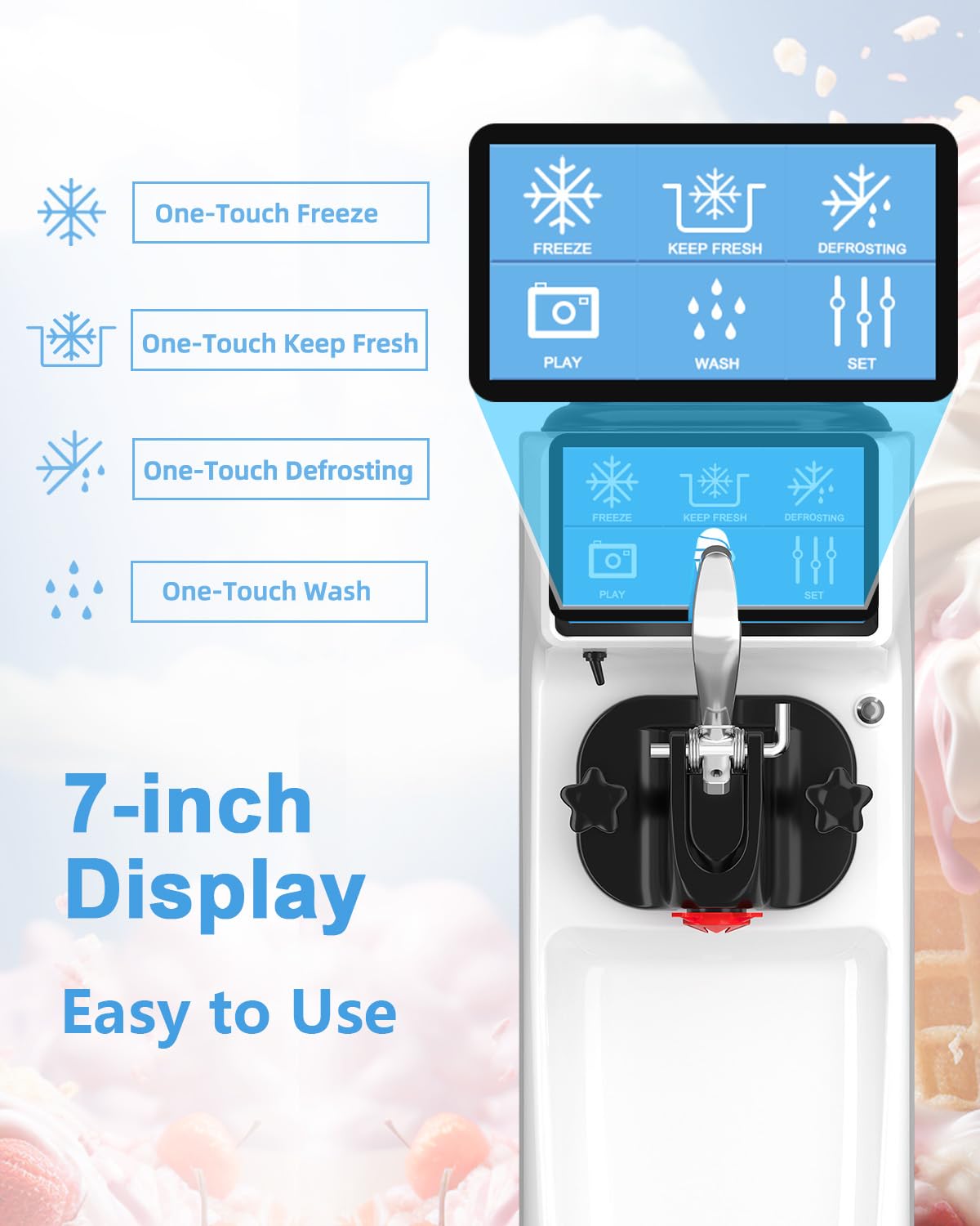 Soft Serve Ice Cream Machine, 7 Inch Screen Ice Cream Maker Machine 4.2 to 4.6 Gal/H Ice Cream Maker Machine with Pre-Cooling Soft Serve Machine with 1.6 Gals Tank for Party Store School Home