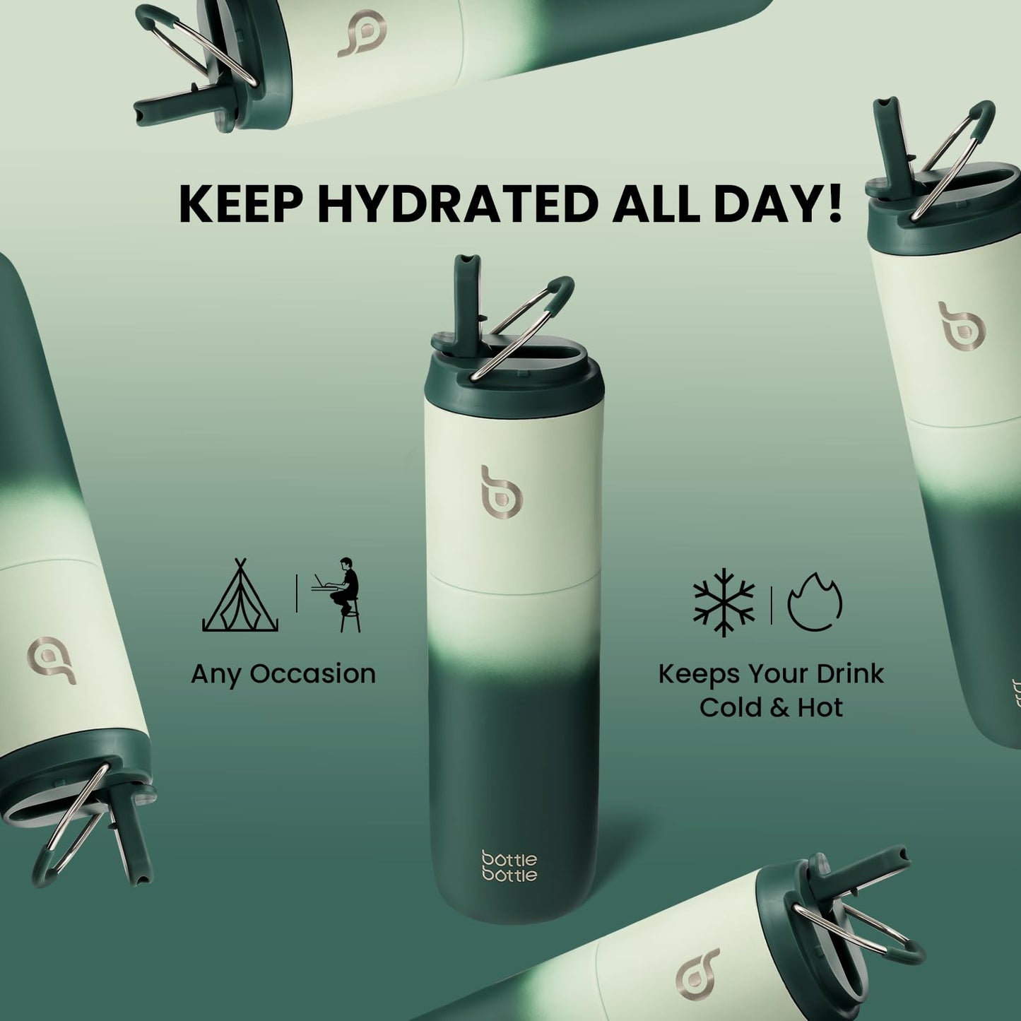 BOTTLE BOTTLE Insulated Water Bottle 24oz with Straw Lid and Handle for Sports Travel Gym Stainless Steel Water Bottles Double-Wall Vacuum Metal Thermos Bottles Leak Proof BPA-Free (green gradient)