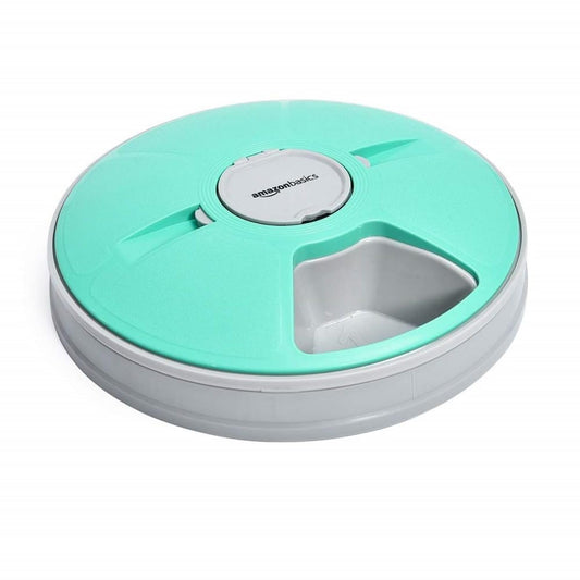 Amazon Basics Automatic Pet Feeder, Electronic Timed Dog and Cat Food Dispenser, 6 Portions, Plastic, Teal, 12" X 12" X 2.3"