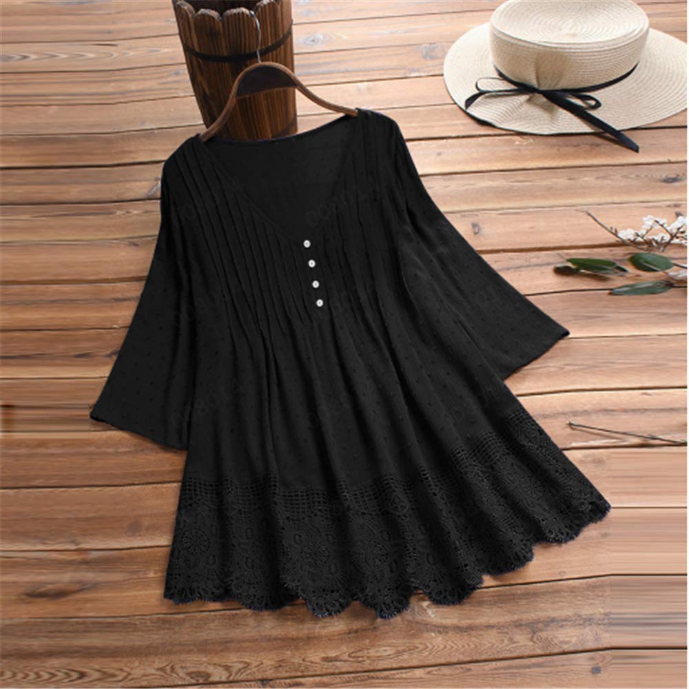 Aniywn Women Round Neck Lace Up Lace Patchwork Flare Pullover Top Casual Plus Size 3/4 Sleeve Floral Printed T-Shirt