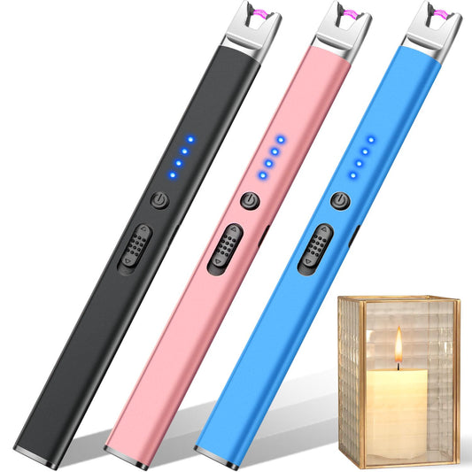 LcFun 3 Pack Candle Lighter Electric USB Rechargeable Plasma Arc Lighter with Safety Lock, Windproof Flameless Long Lighters for Candle, Grill, BBQ, Camping, Gas Stoves (Black, Rose Gold, Blue)