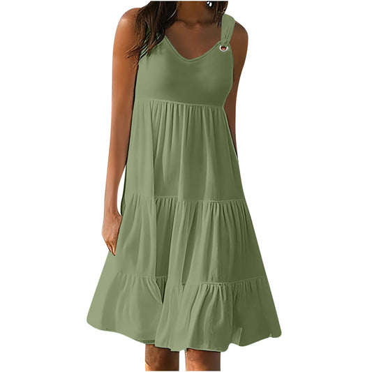Anjikang Sales Today Clearance Summer Dresses for Women 𝟮𝟬𝟮𝟰 Sleeveless Beach Tank Dresses Tiered Ruffle Swing Dress Casual Solid Color Dresses, Large