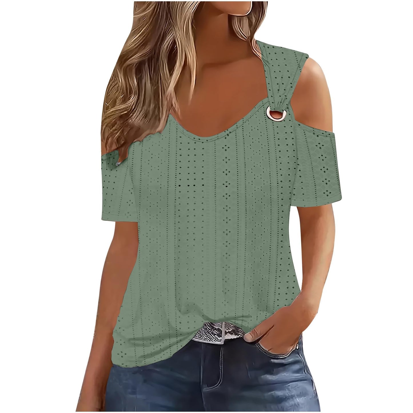 TARIENDY Cold Shoulder Tops for Women Dressy Women's Cold Shoulder Tops Short Sleeve V Neck Tees Dressy Casual Loose fitting Solid Blouses Trendy 2024 Summer My Orders Placed J-green