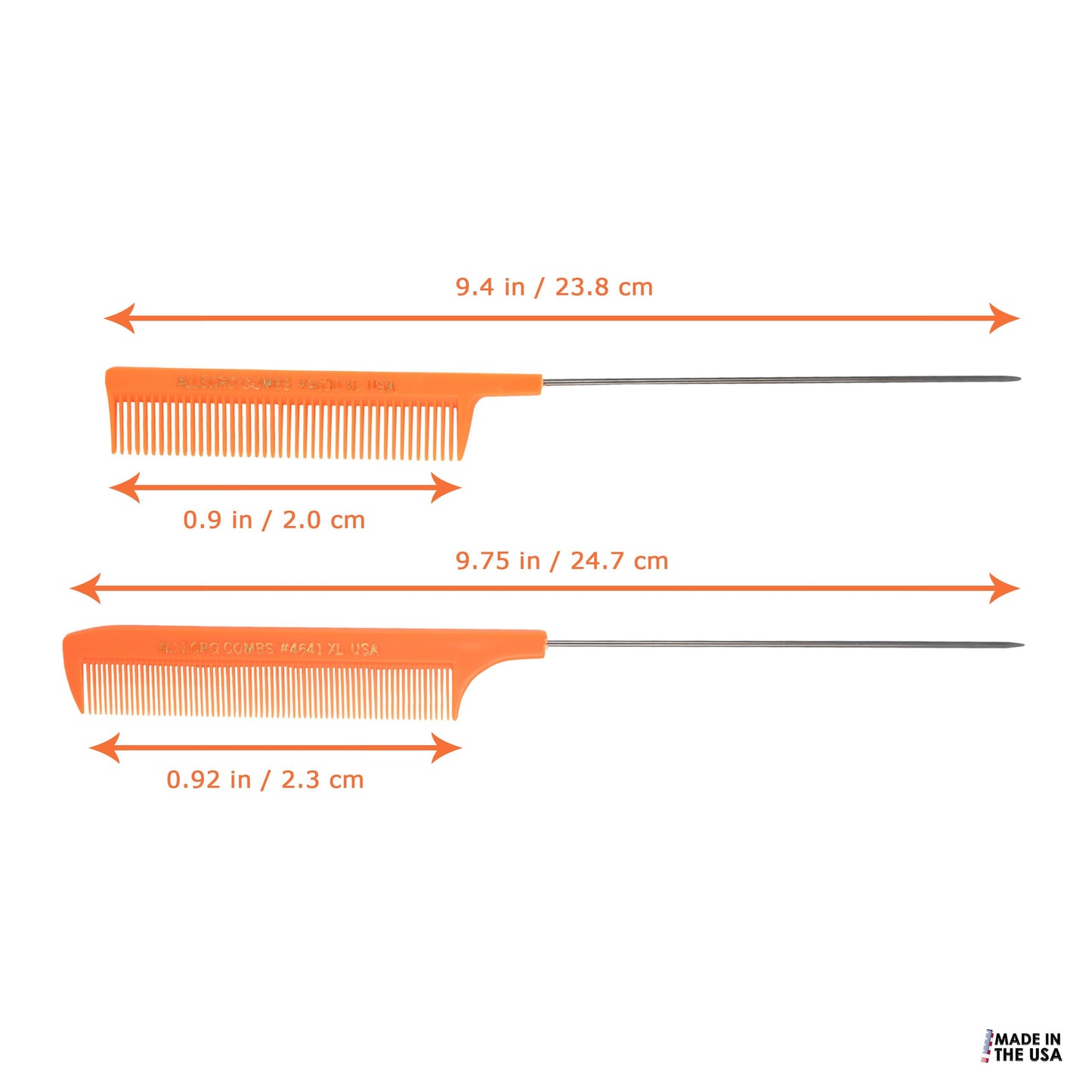 Allegro Combs XL Pintail Rat Tail Combs Parting Combs Metal Tail Foiling Combs Pin Combs Stitch Braids Combs2 Pc. (Neon Orange)