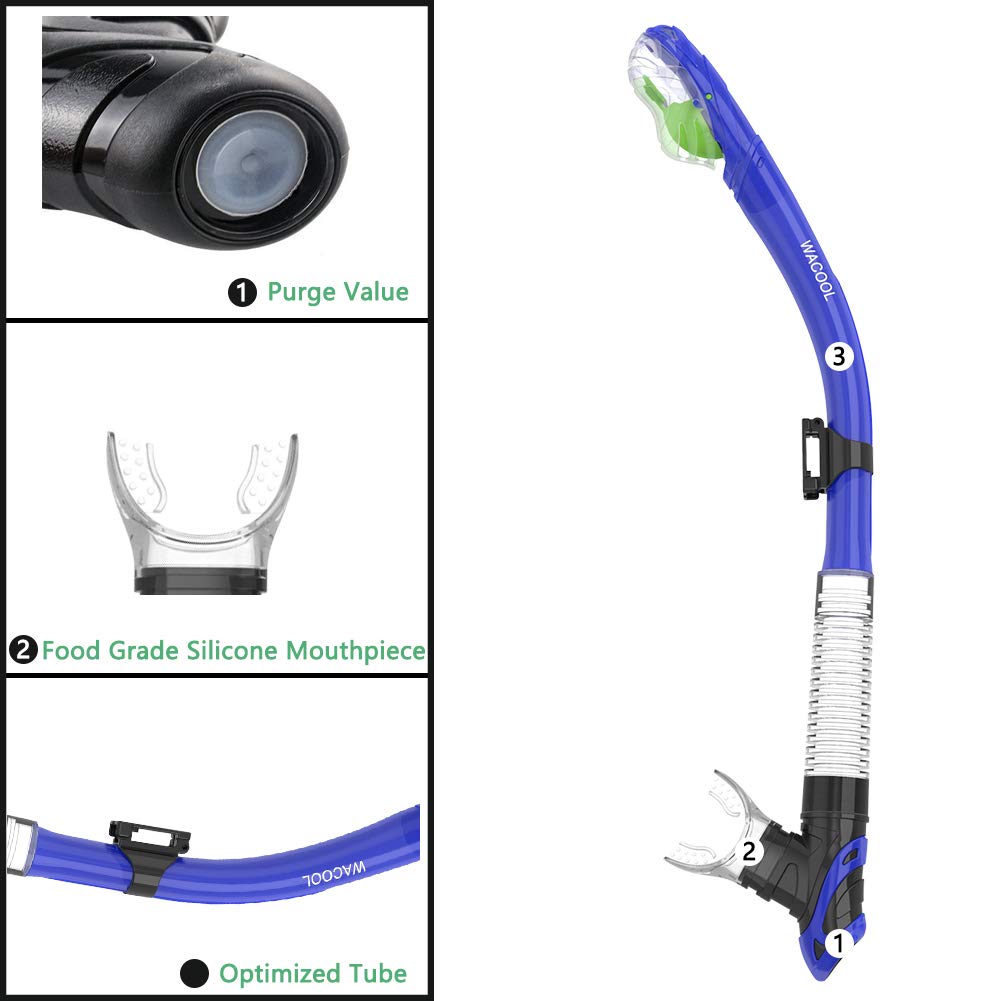 WACOOL Dry Top Snorkel Tube Comfortable Mouthpiece One-Way Purge Valve with Headstrap Support for Pool Open Water Scuba Lap Swimming Swimmer Training Diving Snorkeling (Blue)