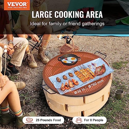 VEVOR X-Marks Fire Pit Grill Grate, Round Cooking Grate, Heavy Duty Steel Campfire BBQ Grill Grid with Handle and Support X Wire, Portable Camping Cookware for Outside Party & Gathering, 30 Inch Black