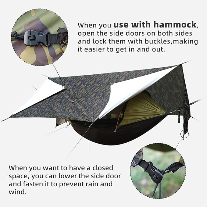 Camping Tent Tarp Waterproof, Ultralight Hammock Rain Fly, Portable Rain Tarp Canopy with Doors, Multifunctional Bushcraft Tarp for Outdoor Backpacking Hiking, UV Protection