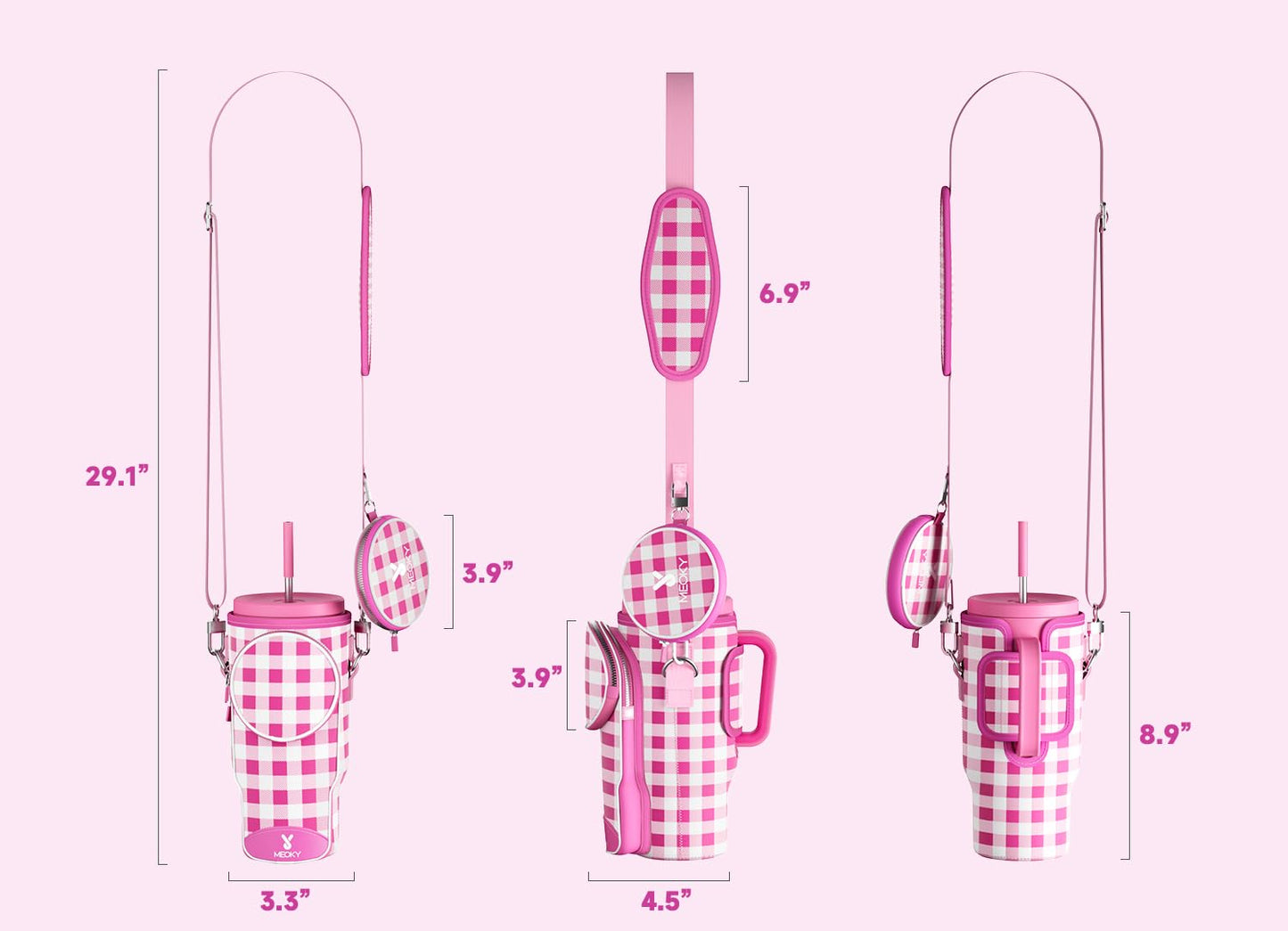 Meoky Water Bottle Carrier Bag with Phone Pocket for 40 oz Tumbler with Handle, Neoprene Water Bottle Holder Pouch with Adjustable Strap, 2 Carabiner Clips (Pink Plaid)