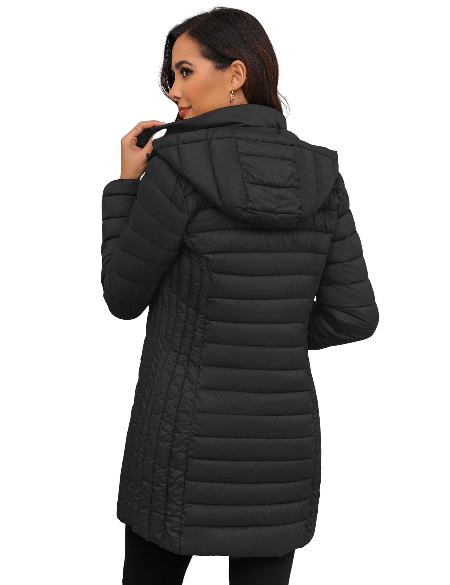 ANOTHER CHOICE Women Ultra-light Puffer Jacket, Winter Puffey Jacket with Detachable Hood Stretchy Panel Rollable Black M