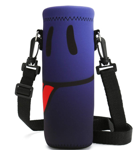 RICHEN Neoprene Water Bottle Carrier Bag with Adjustable Shoulder Strap,Insulated Water Bottle Cover for 500ml/16oz Stainless Steel/Glass/Plastic Bottles (Smiling Face,500ML)