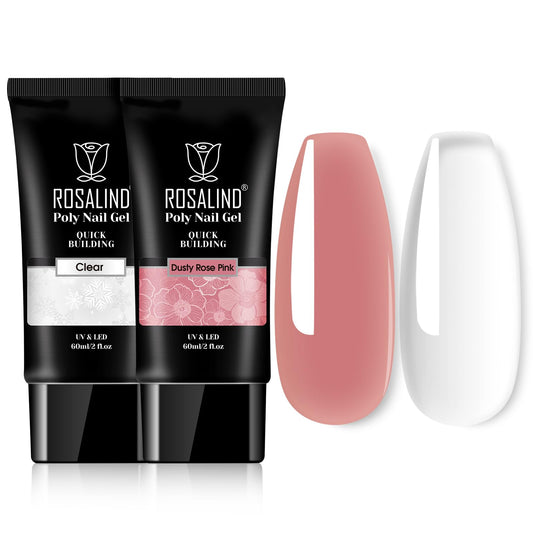 ROSALIND Clear Rose Pink Acrylic Poly Extension Gel, 2 PCS 60ml Clear Rose Poly Nail Gel kit Nail Builder for Clear Nail Art Decoration, Nail Thickening Poly Nail Gel Tube Easy to DIY Use Need UV Lamp
