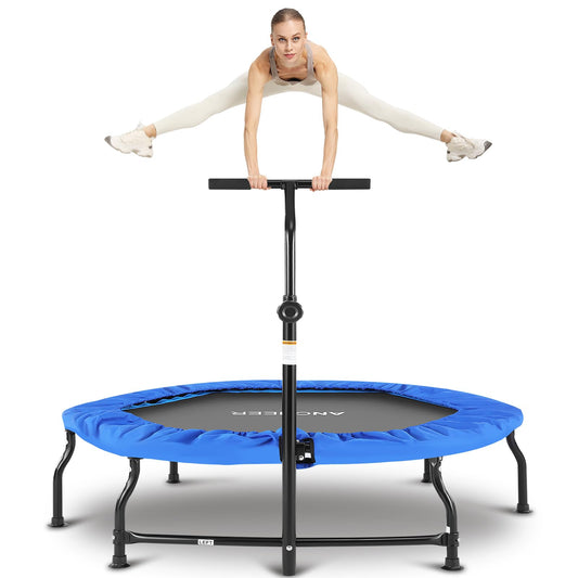 ANCHEER 40" Foldable Mini Trampoline Max Load 450lbs, Fitness Trampoline with Bungees, Adjustable Foam Handle, Indoor Exercise Trampoline for Adults Inoor/Garden Workout (Blue 50'')