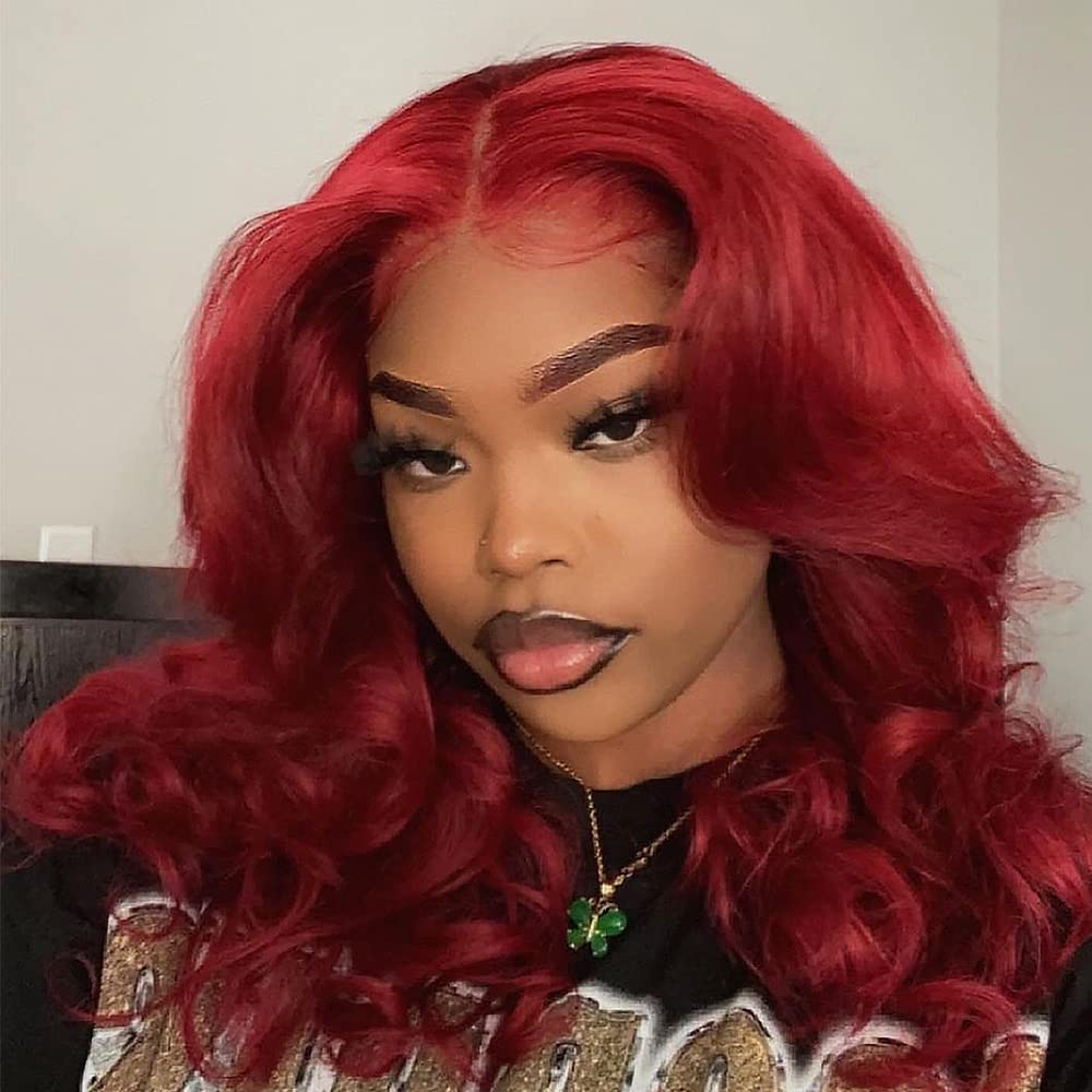 ANDRIA 13X4 HD Lace Front Wigs Pre-Plucked Hairline 16 Inches Body Wave Burgundy Glueless Lace Frontal Wigs with Baby Hair Short Bob Wig 200% Density Wine Red Loose Wave Short Curly Lace Closure Wig