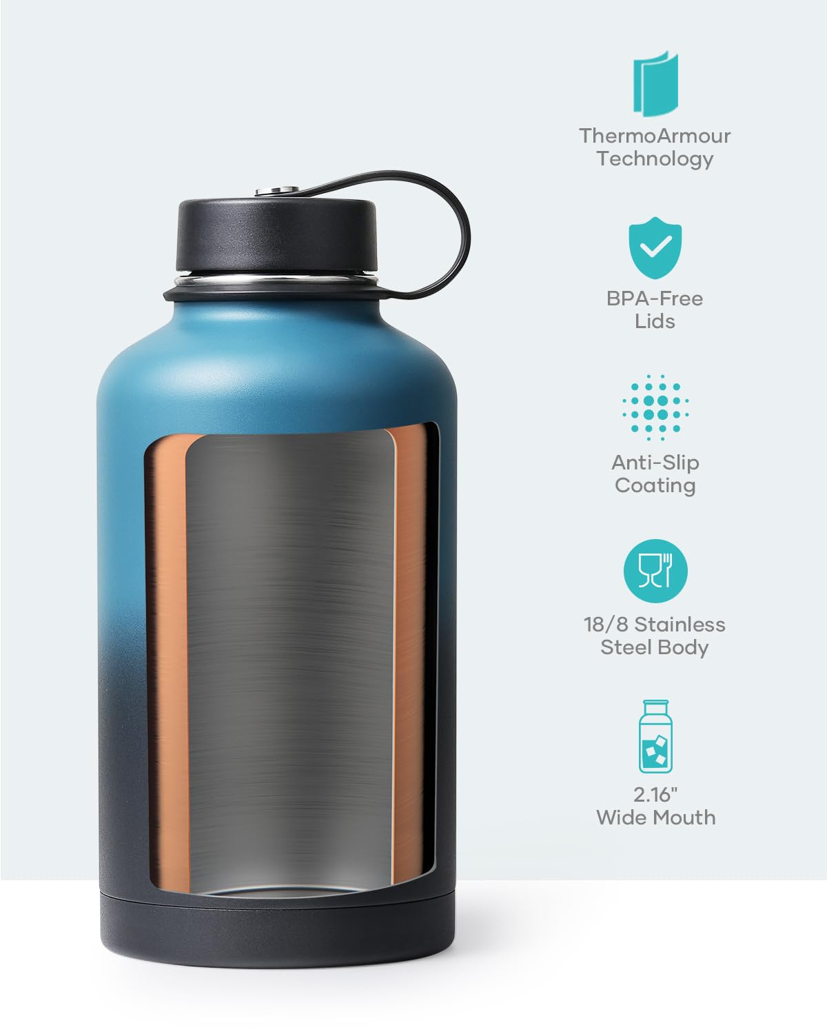 BUZIO Insulated Water Bottle with Straw Lid and Flex Cap, 64oz Double Wall Vacuum Stainless Steel Water Thermo Wide Mouth Lid, Cold for 48 Hrs Or Hot for 24 Hrs Sweat Proof Flask, Indigo Crush