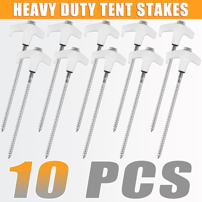 10 Pcs 8" Heavy Duty Screw-in Tent Stakes with Storage Bag, Glow-in-The-Dark Ground Anchor Peg, Metal Threaded Drillable Tent Stake for Camping Swing Canopies, with 1 Hex Nut Driver, Peg Puller