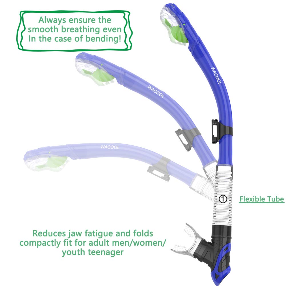 WACOOL Dry Top Snorkel Tube Comfortable Mouthpiece One-Way Purge Valve with Headstrap Support for Pool Open Water Scuba Lap Swimming Swimmer Training Diving Snorkeling (Blue)
