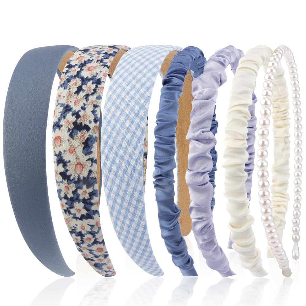 AHONEY 7 Pack Headbands for Girls Women Headbands Trendy Non Slip Hairbands Cute Hair Accessories Multi-style Preppy Headband Pack Diademas Para Mujer (Blue)