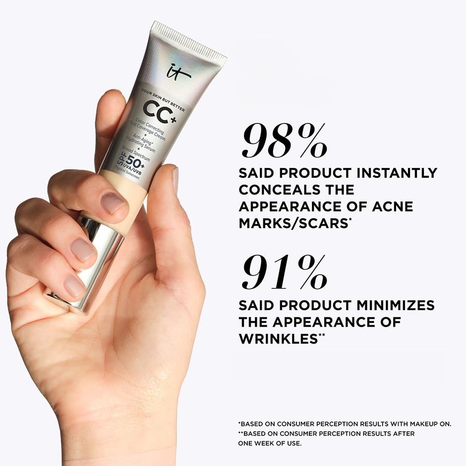 IT Cosmetics Your Skin But Better CC+ Cream Travel Size, Neutral Medium - Color Correcting Cream, Full-Coverage Foundation, Hydrating Serum & SPF 50+ Sunscreen - Natural Finish - 0.406 fl oz