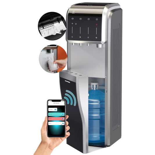 ICEPURE 5 in 1 Water Dispenser with Ice Maker for 5 Gallon Bottle, Built-in Bullet & Crushed/Chewable Ice Machine Hot Cold Water Cooler, Bottom Loading, 35lbs/24H, Child Safety Lock, Stainless Steel
