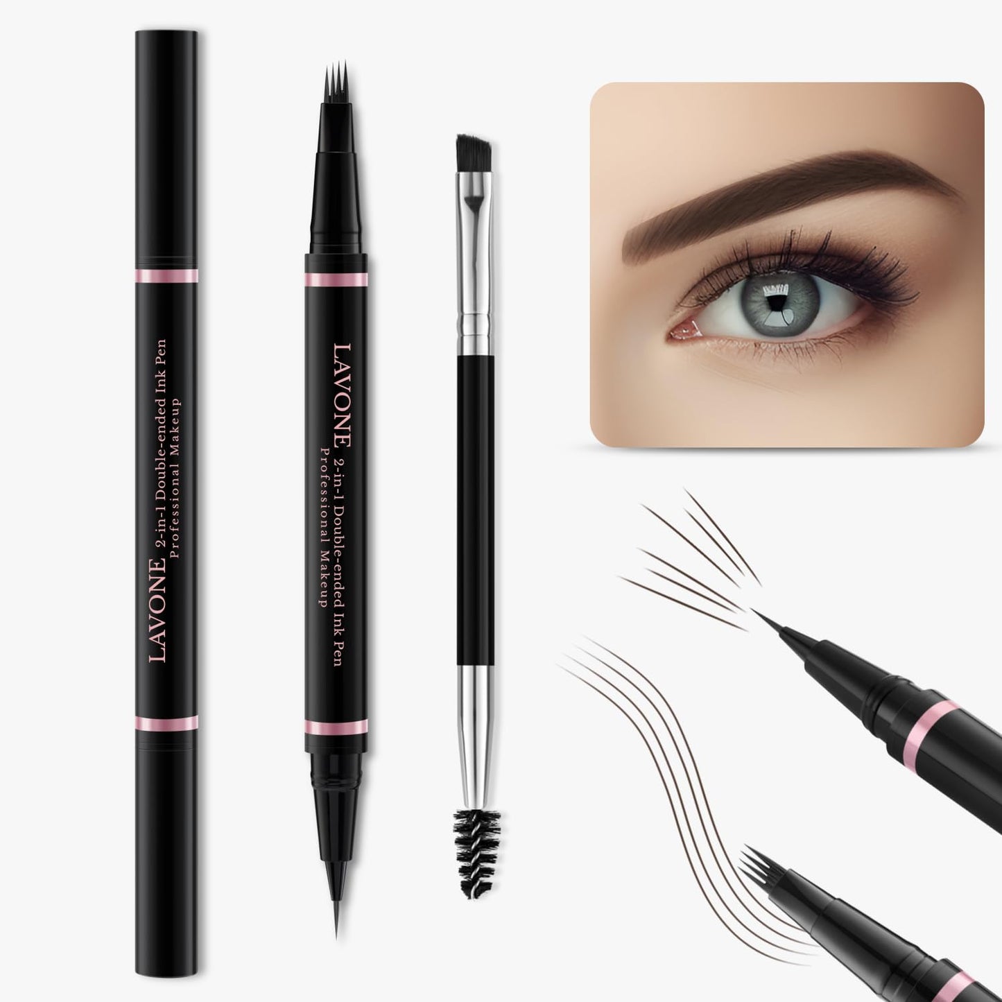 LAVONE Eyebrow Pencil Makeup Kit - Waterproof 2-IN-1 Microblading Pen, Pomade, Eyeliner and Dual-ended Brush - Natural Brow Kit - Chocolate